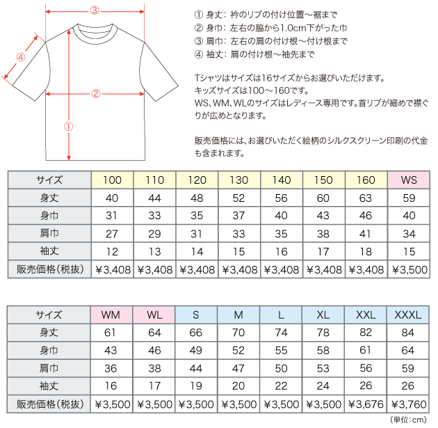 半袖Tシャツのサイズと価格