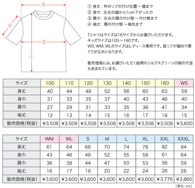 Tシャツのサイズと価格